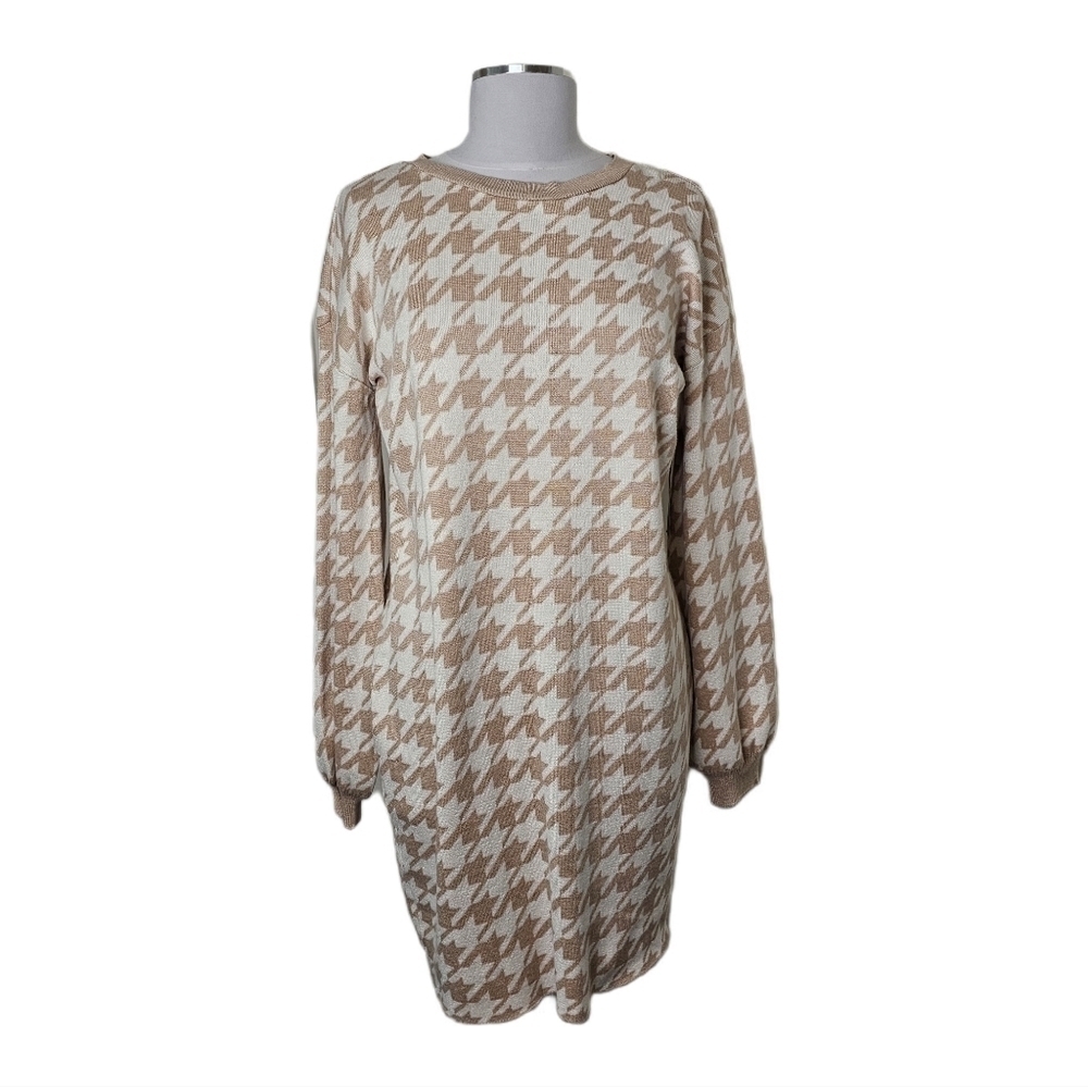 Knit houndstooth puff sleeve tan and white midi dress NWT
